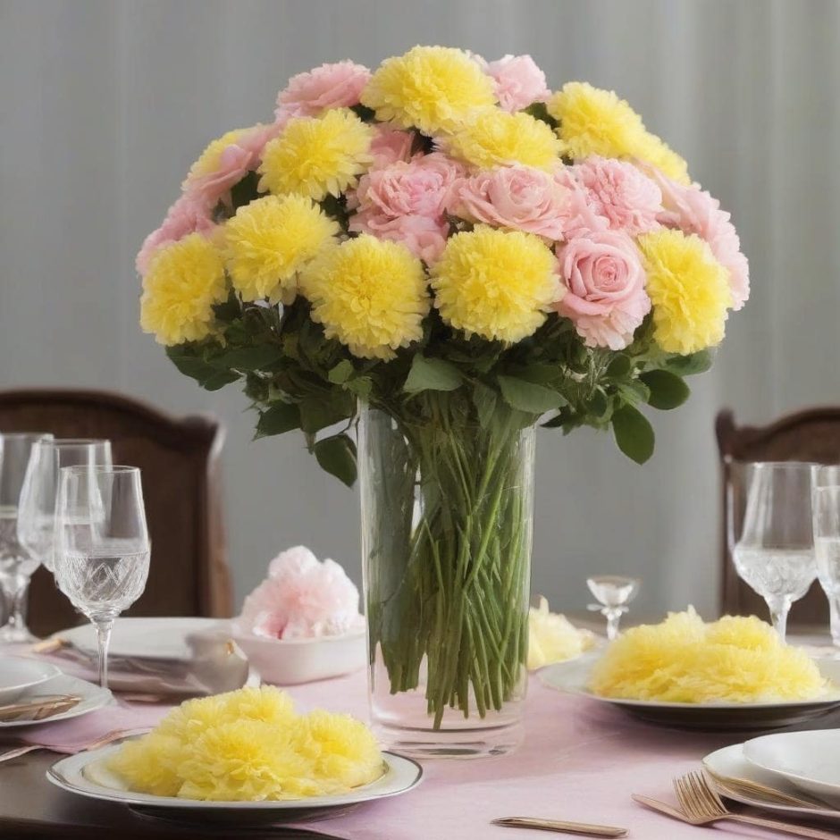 Centerpiece with yellow carnations and light pink roses.