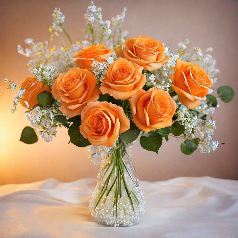 Centerpiece with orange roses and baby's breath.
