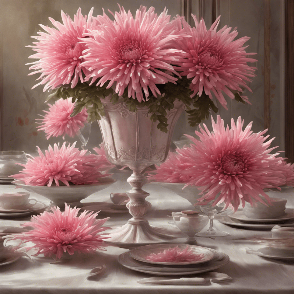 Centerpiece setting with pink spider mums.