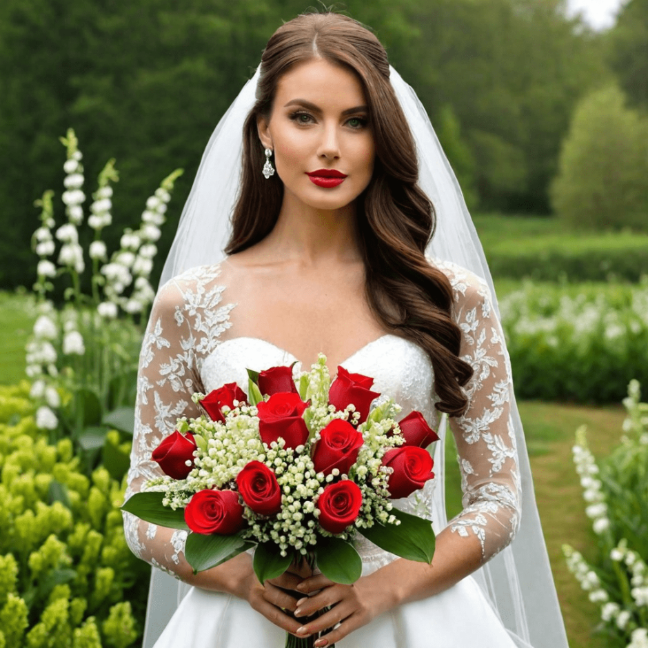 Bride holding wedding bouquet with red roses and lily of the valley.