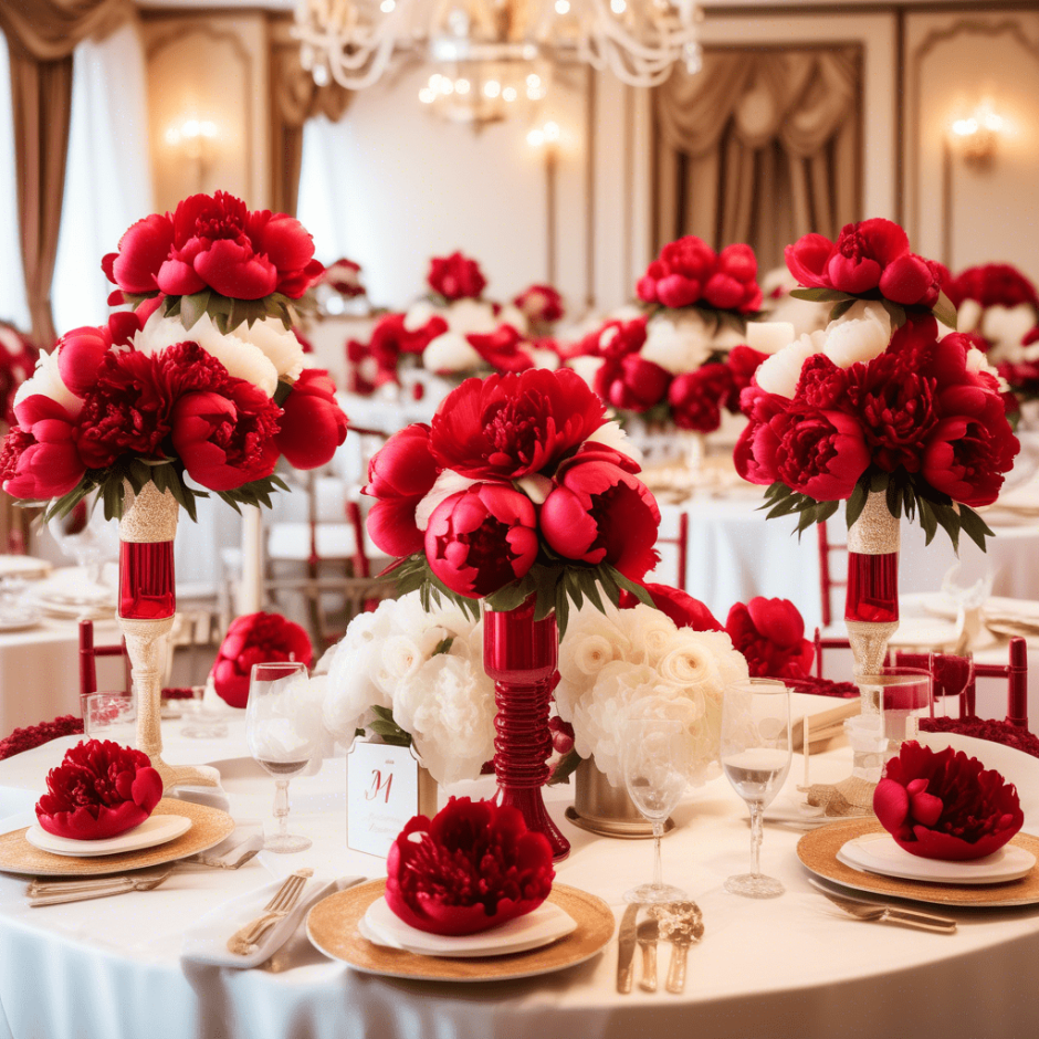 Red peonies in centerpieces.