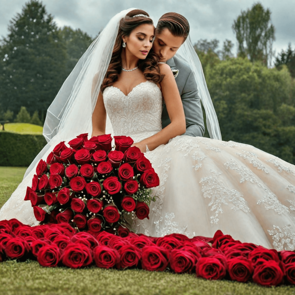 Couple with budget-friendly wedding with red roses.