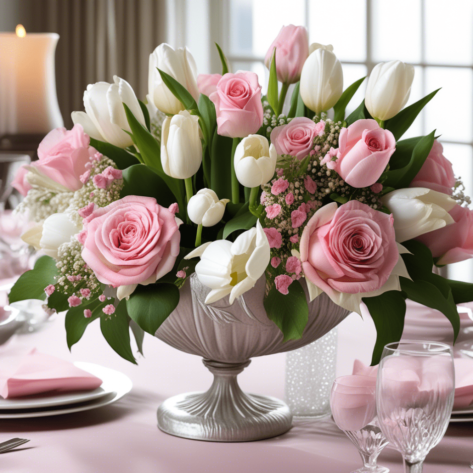 Centerpiece with pink roses and white tulips.