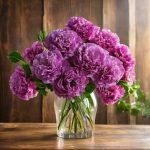 A vase with fresh cut purple carnations.