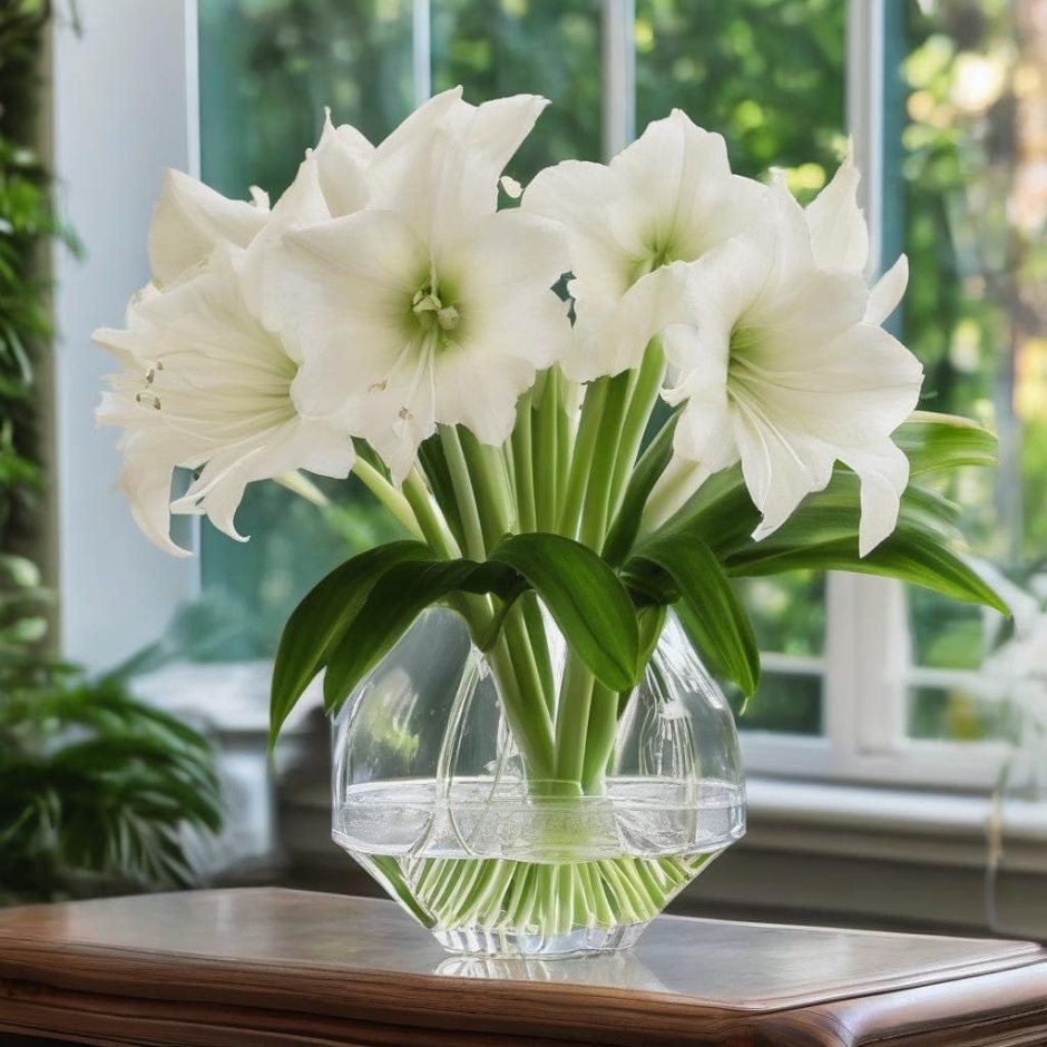 A centerpiece with white amaryllis.