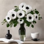 White anemones with dark centers in a glass vase.