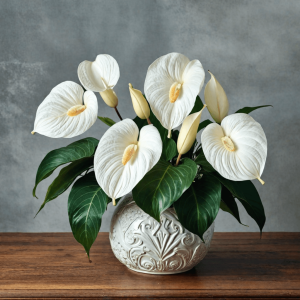White anthuriums in a vase.