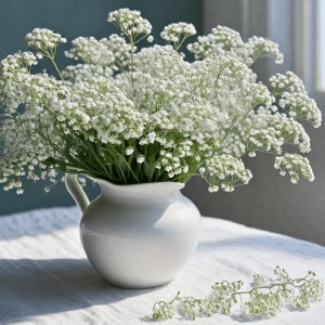 Baby's breath in a decorative white vase.
