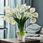 White calla lilies in a glass vase.