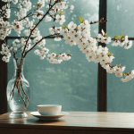 White cherry blossoms in a glass vase.