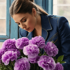 Woman making floral arrangement with purple carnations.