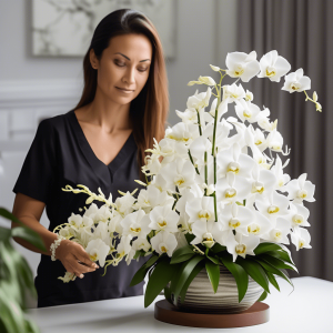 Woman making floral arrangement with white dendrobium orchids.
