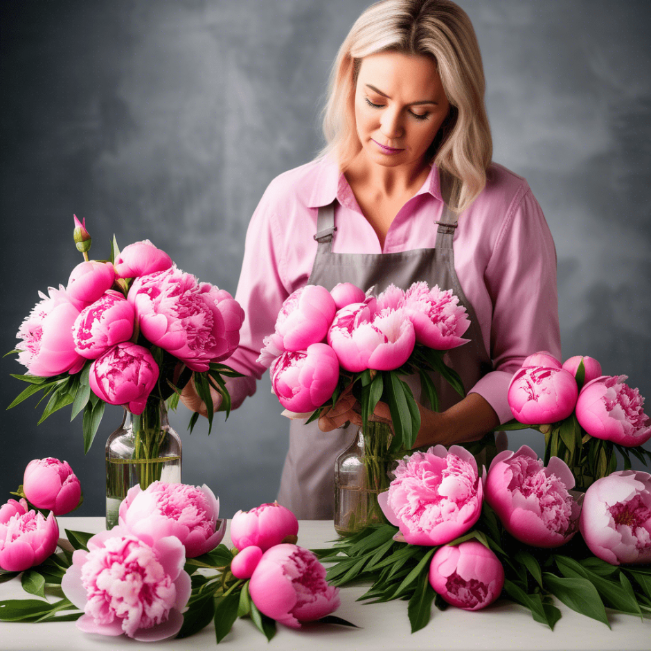 Woman making floral arrangements with pink peonies.