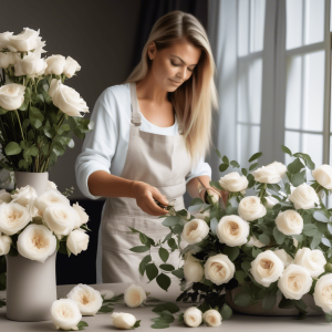 Woman making floral arrangements with white garden roses.