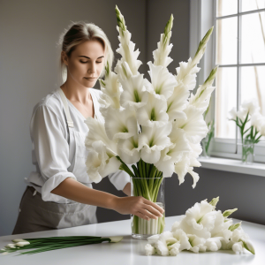 Woman making floral arrangements with white gladiolus flowers.