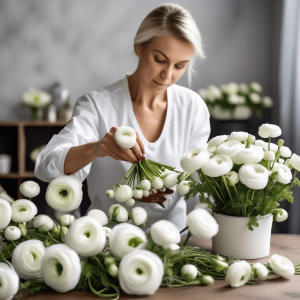 Woman making floral arrangements with white ranunculus.