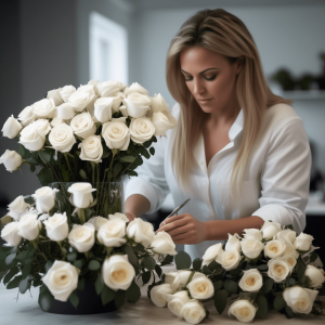 Woman making floral arrangements with white roses.