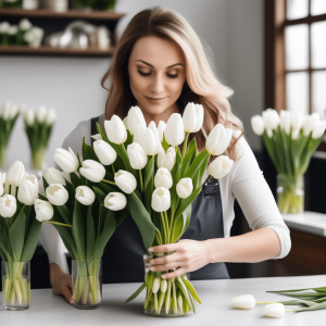 Woman making floral arrangements with white tulips.