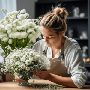 Woman making floral arrangements with baby's breath.