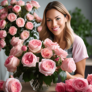 A woman making floral arrangements with pink garden roses.