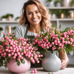Woman making floral arrangements with pink hypericum berries.