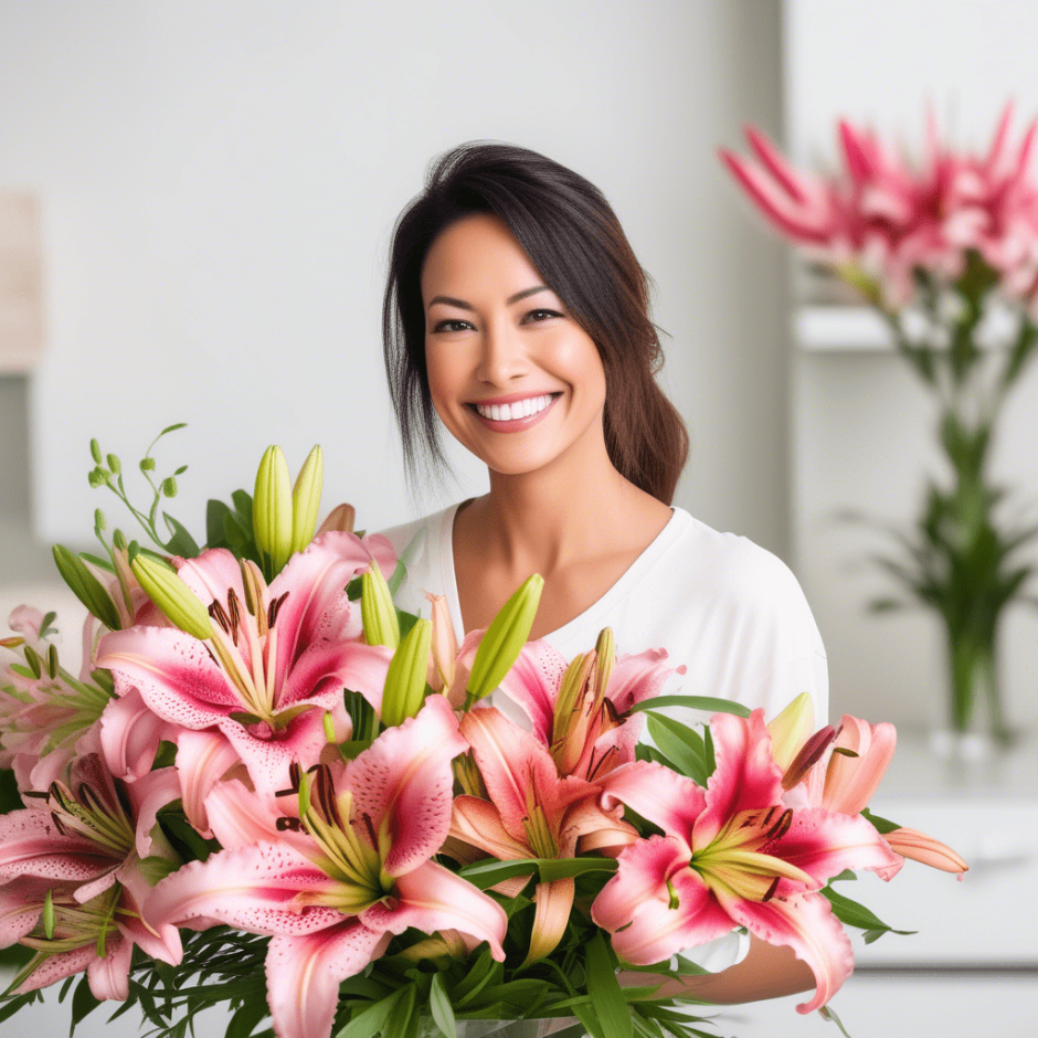 Woman making floral arrangements with pink Asiatic lilies.