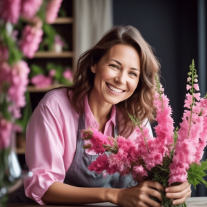 Woman making floral arrangements with pink larkspur flowers.