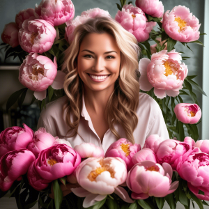 Woman making floral arrangements with pink peonies.
