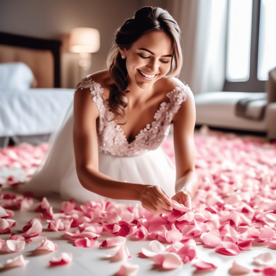 Woman decorating the floor with pink rose petals.