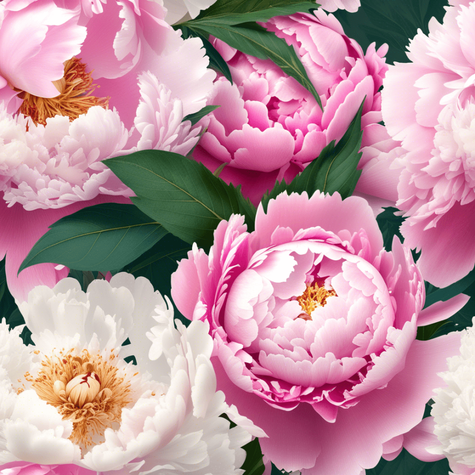Close up of different colors of peonies.