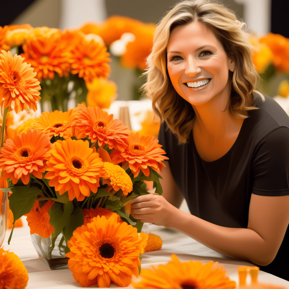 woman creating floral arrangements with orange flowers.