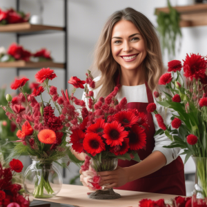 Woman making floral arrangements with varieties of red flowers.