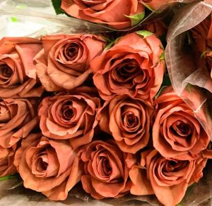 Beautiful display of terracotta roses lying together on table.