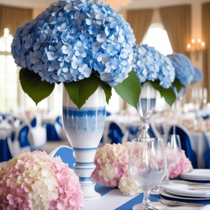 Blue natural hydrangeas in centerpieces on reception table.
