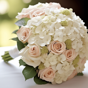 Wedding bouquet with white hydrangeas and light pink roses.