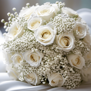 Close up of wedding bouquet with baby's breath and white roses.