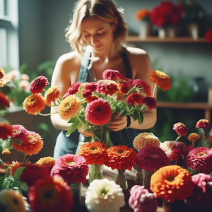 A woman arranges vibrant zinnias in various shades of pink, orange, and yellow, placing them in glass jars on a wooden table. The setting is bright and airy, with natural light streaming in through a window, highlighting the fresh, colorful blooms. The room has a peaceful, creative atmosphere, with more zinnias in the background.