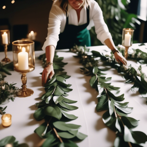 A wedding decorator carefully arranges a fresh garland made of lush, green magnolia leaves as a table centerpiece. The garland is accented by elegant gold candle holders with soft candlelight, creating a romantic and cozy atmosphere. The scene reflects a sophisticated and natural wedding décor setup, perfect for an intimate celebration.