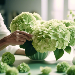 A close-up of a person delicately arranging soft green Hydrangeas in a vase. The vibrant, voluminous blooms fill the space with lush greenery, while scattered Hydrangea petals and stems are visible on the table below. The scene is bright and serene, highlighting the hands-on care and beauty of floral design.