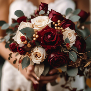 A close-up of a beautiful bridal bouquet featuring deep red and cream roses, accented with eucalyptus leaves and small golden berries. The bouquet exudes a romantic autumn feel, perfect for a fall wedding.