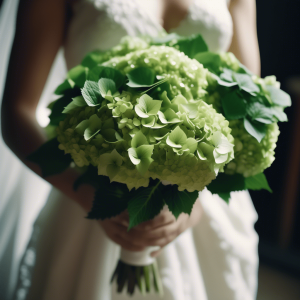 Close-up of a bride holding a beautiful bridal bouquet featuring large, lush green hydrangeas. The vibrant green blooms are complemented by delicate greenery, creating an elegant and fresh look, perfectly matching the bride's white gown in a soft, romantic setting.