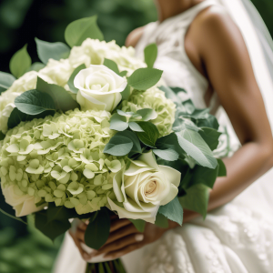 Close-up of a bride holding a beautiful wedding bouquet featuring lush green hydrangeas and white roses, accented with fresh greenery. The bouquet is elegant and full, perfectly complementing the bride's white wedding gown, with a natural outdoor backdrop adding a serene touch.