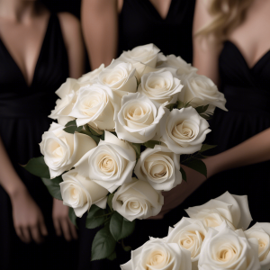 Bridesmaids in black dresses holding close up of white rose bouquets.