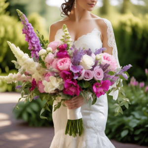 Bride holding a colorful wedding bouquet with snapdragons and other blooms.
