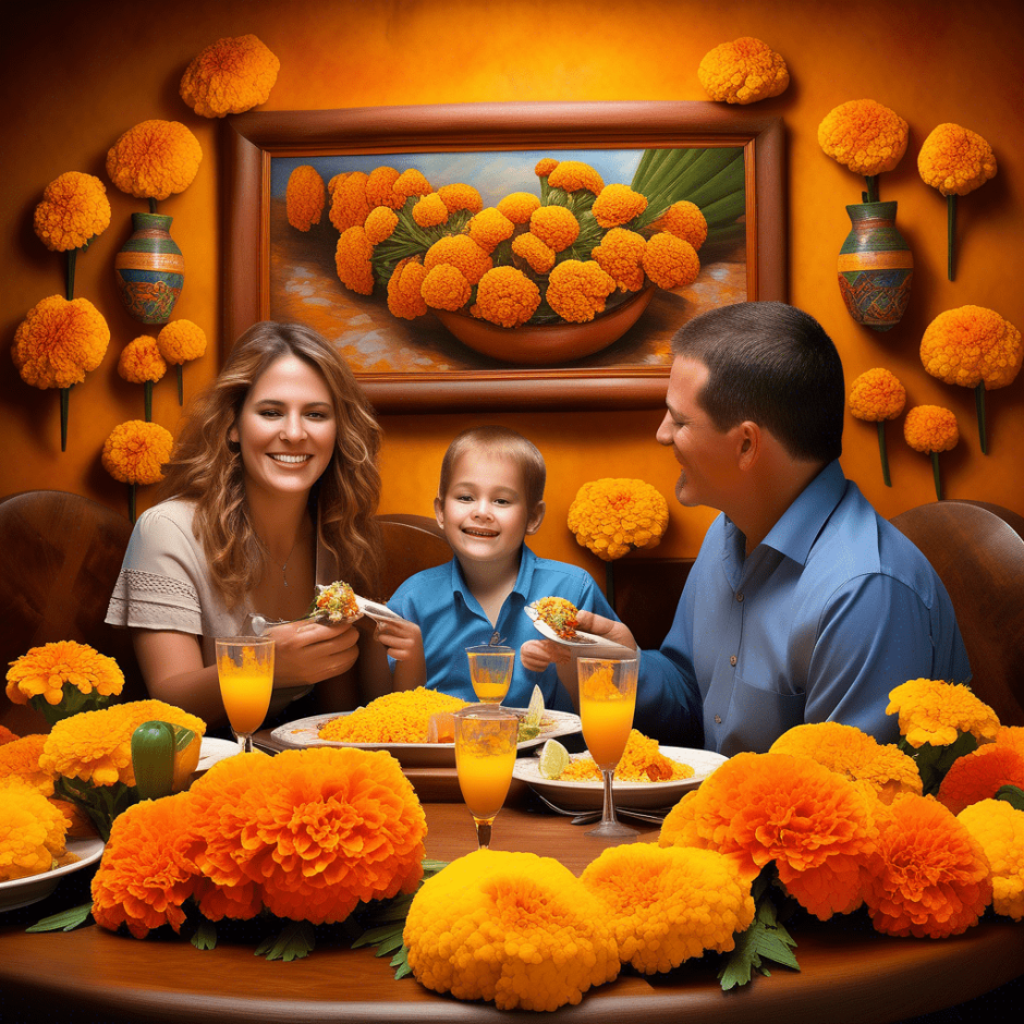 Family enjoying a meal at a Mexican restaurant surrounded by marigold centerpieces.