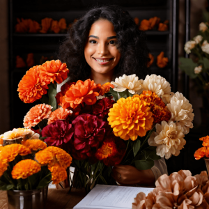 Wedding planner putting together floral arrangements with fall wedding flowers.