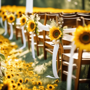 Outdoor wedding aisle with sunflowers on chairs and sunflowers heads lining the runner.