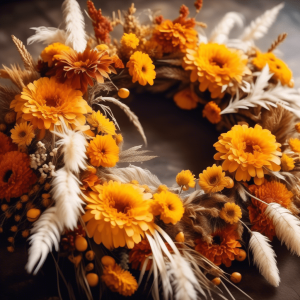 Festive wreath with dried flowers and fillers.