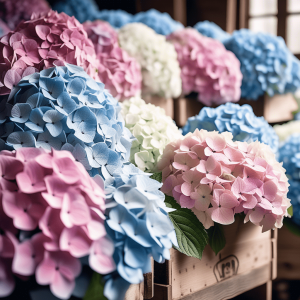Fresh bulk hydrangeas in blue, pink, and white arranged in wooden crates, showcasing vibrant colors and high-quality wholesale flowers ready for event décor.