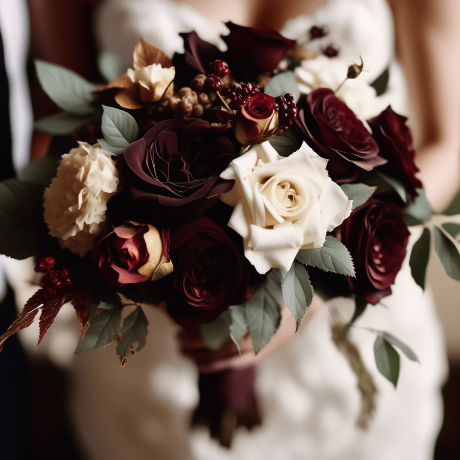 Elegant fall bridal bouquet featuring burgundy and cream roses with seasonal foliage, perfect for an autumn wedding.